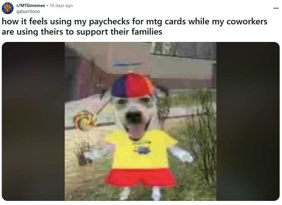 Image of a dog dressed as a child with a joke about buying Magic the Gathering cards.