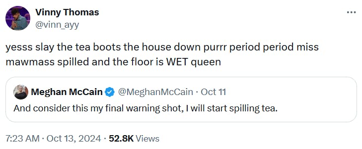 Tweet reading 'yesss slay the tea boots the house down purrr period period miss mawmass spilled and the floor is WET queen.'