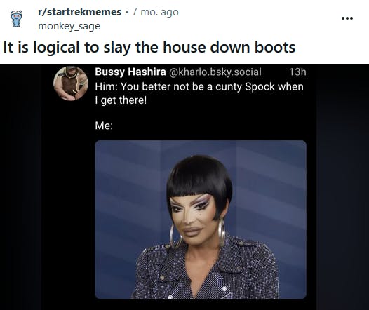 Slay The House Down Boots meme with a photo of a woman in heavy makeup, large hoop earrings, and a straight bangs haircut.