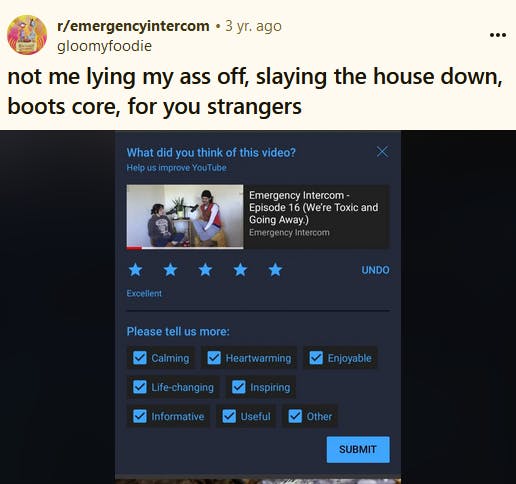 Slay The House Down Boots meme with a positive review of an 'Emergency Intercom' episode.