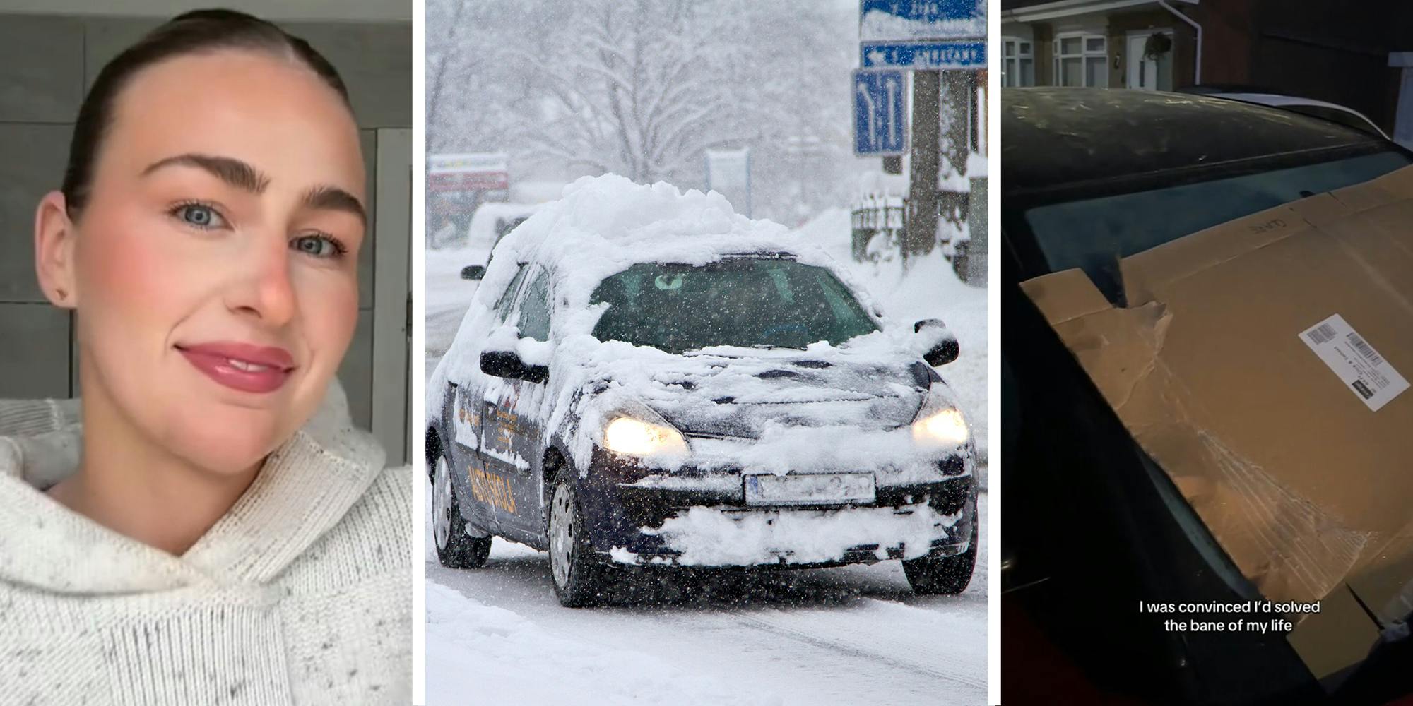 Woman sharing what happened when she covered her windshield with a cardboard box during the snow fall(c) Car Covered in Snow(c) Cardboard box stuck on windshield(r)