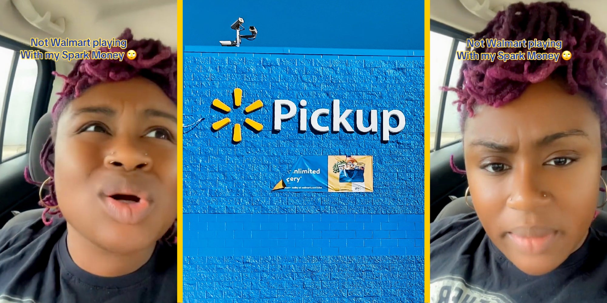 3 panel image of a person talking and the exterior of a Walmart store.