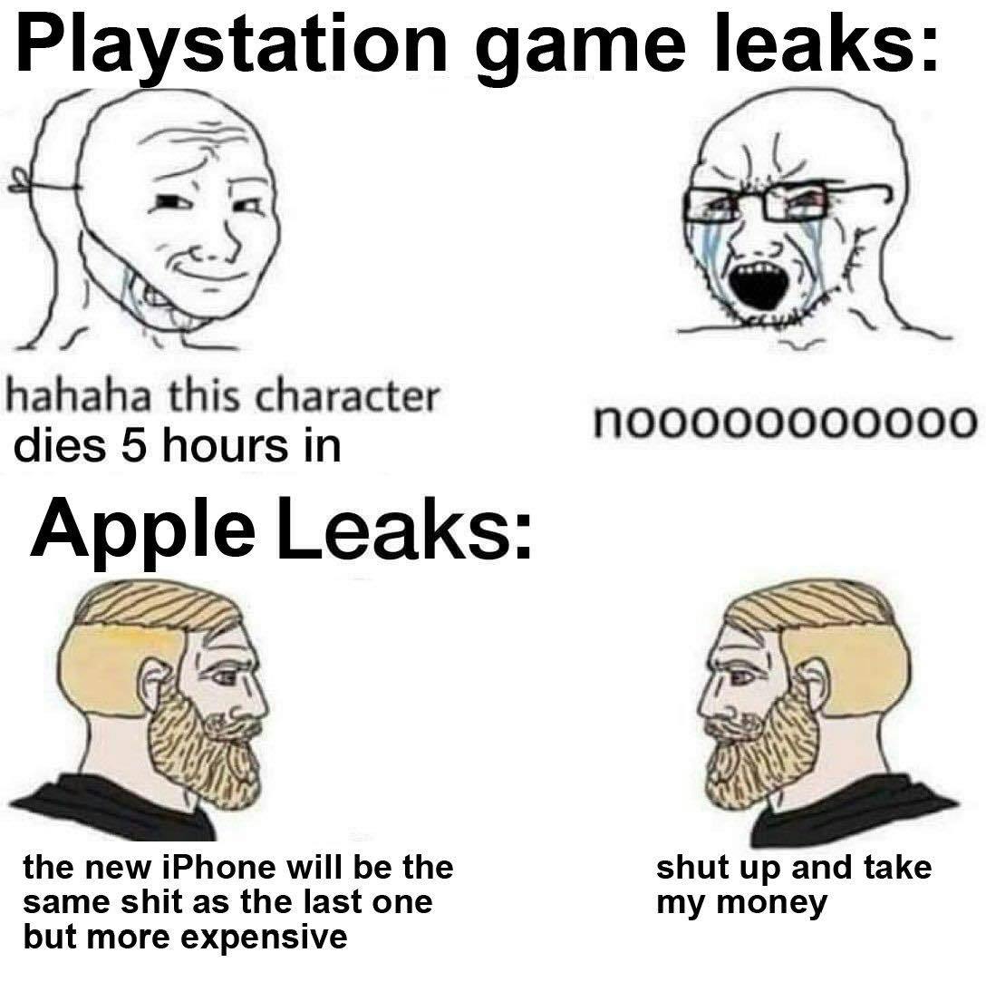 Crying Wojak meme about PlayStation vs. Apple leaks.