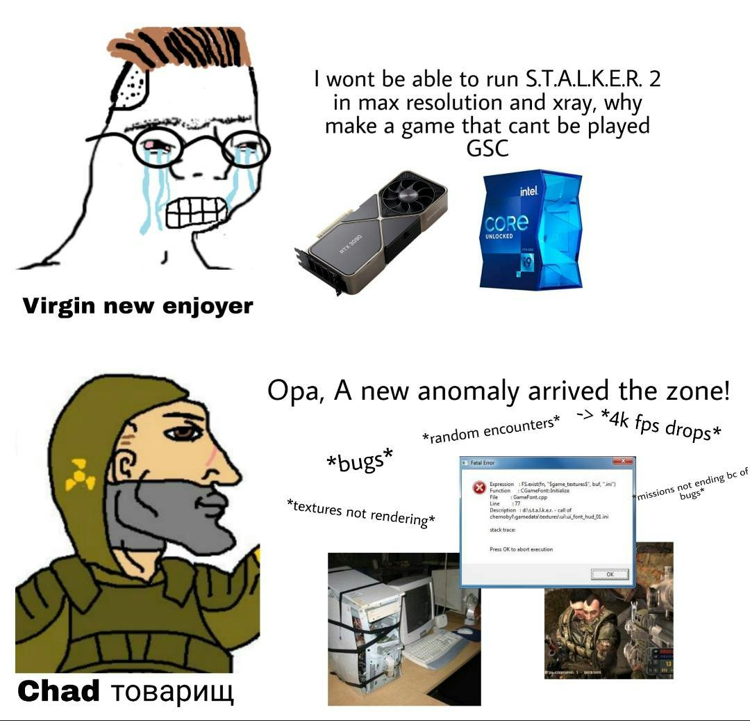 Stalker 2 meme about new players complaining about the bugs and visual quality while 'chads' live for the experience.