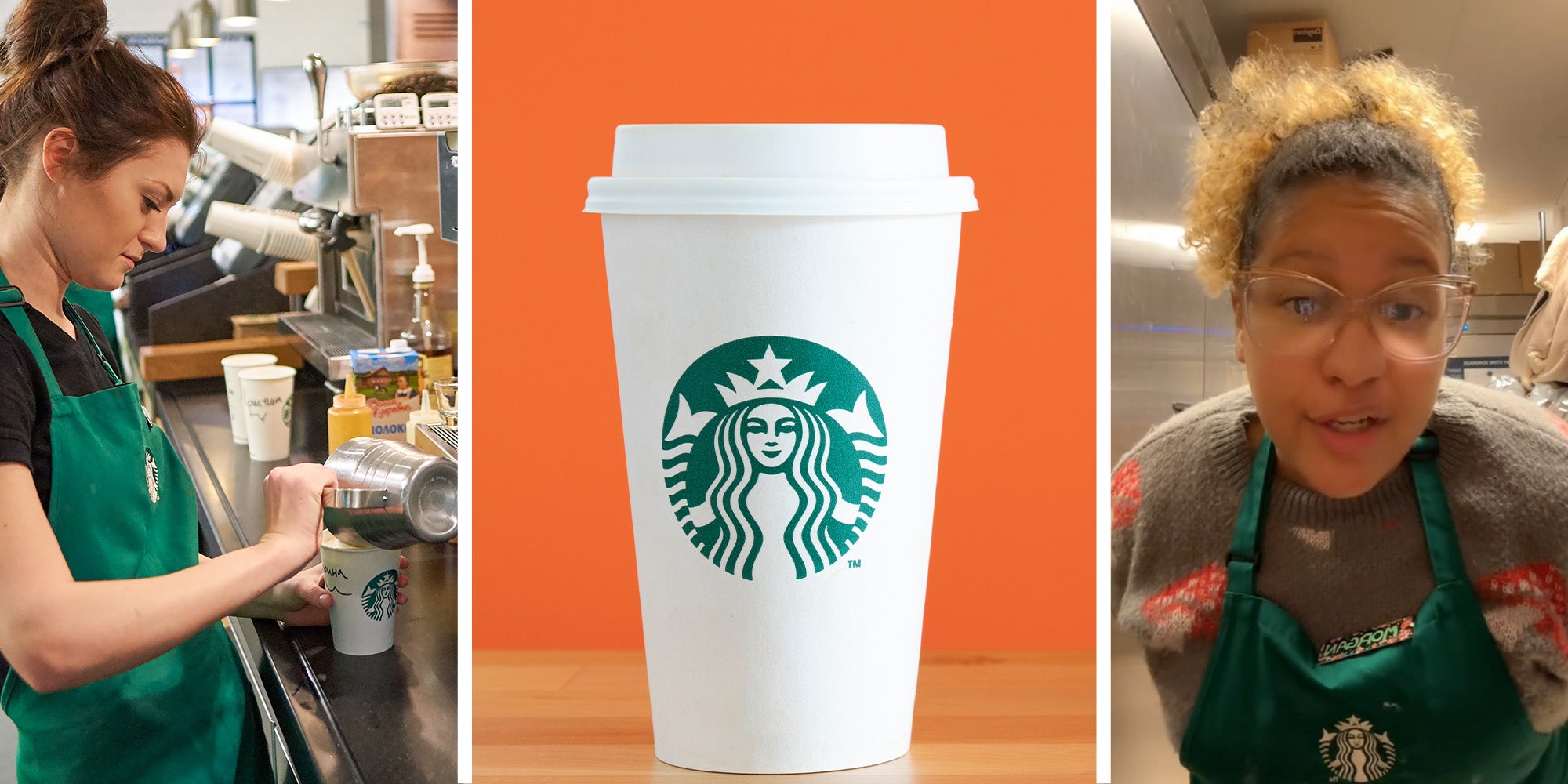 Starbucks Employee working(l) Starbucks Cup(c) Starbucks employee sharing story(r)