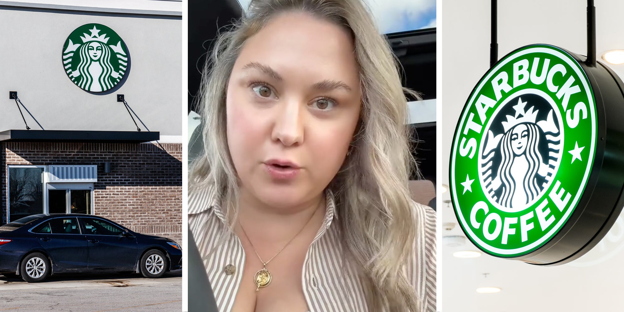 Car at starbucks drivethru(l), Woman talking(c), Starbucks sign(r)