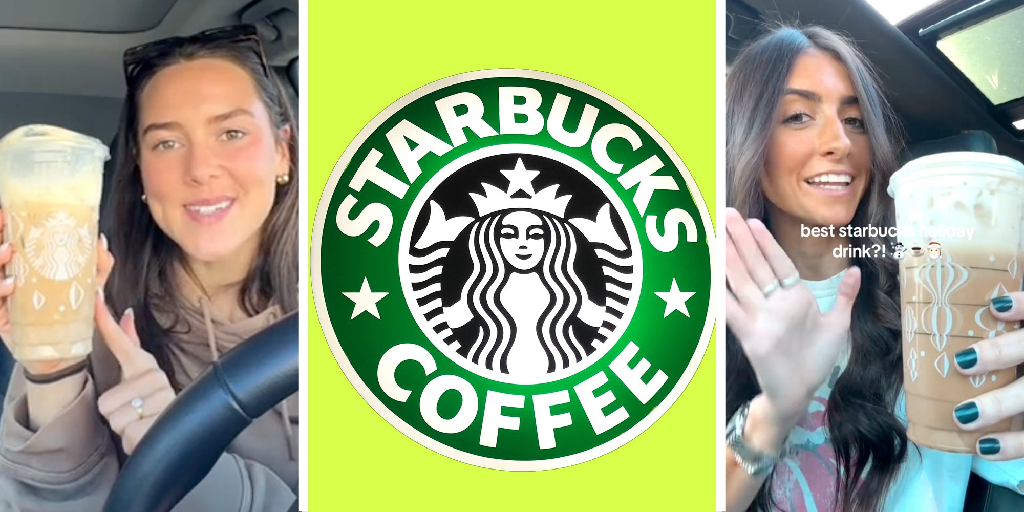 Woman 1 holding holiday drink(l), Starbucks logo(c), Woman 2 holding holiday drink(r)