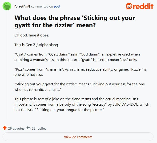 reddit post explaining sticking out your gyatt for the rizzler