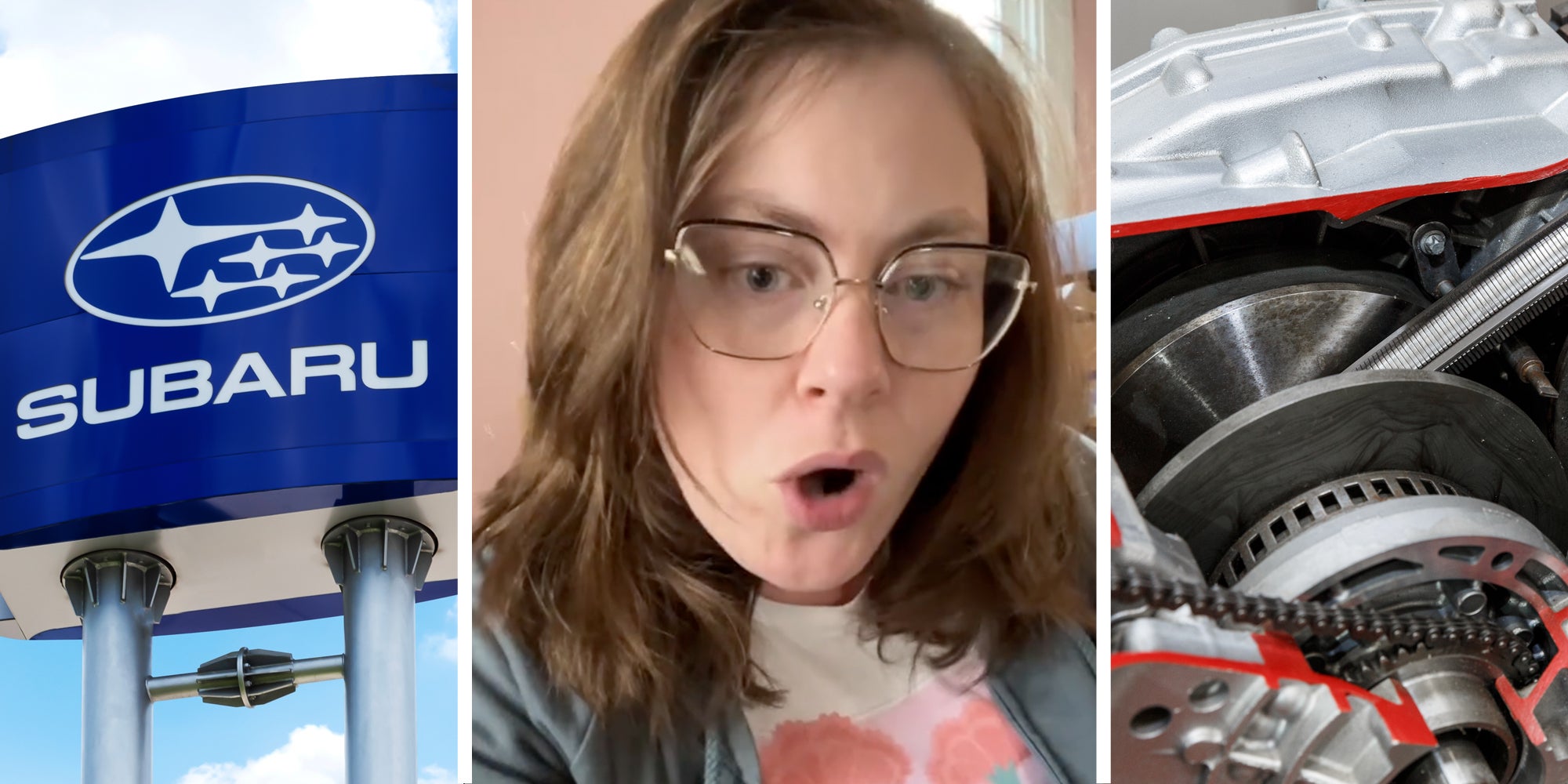 Subaru sign(l), Woman talking(c), Continuously Variable Transmission (or CVT) cutaway(r)