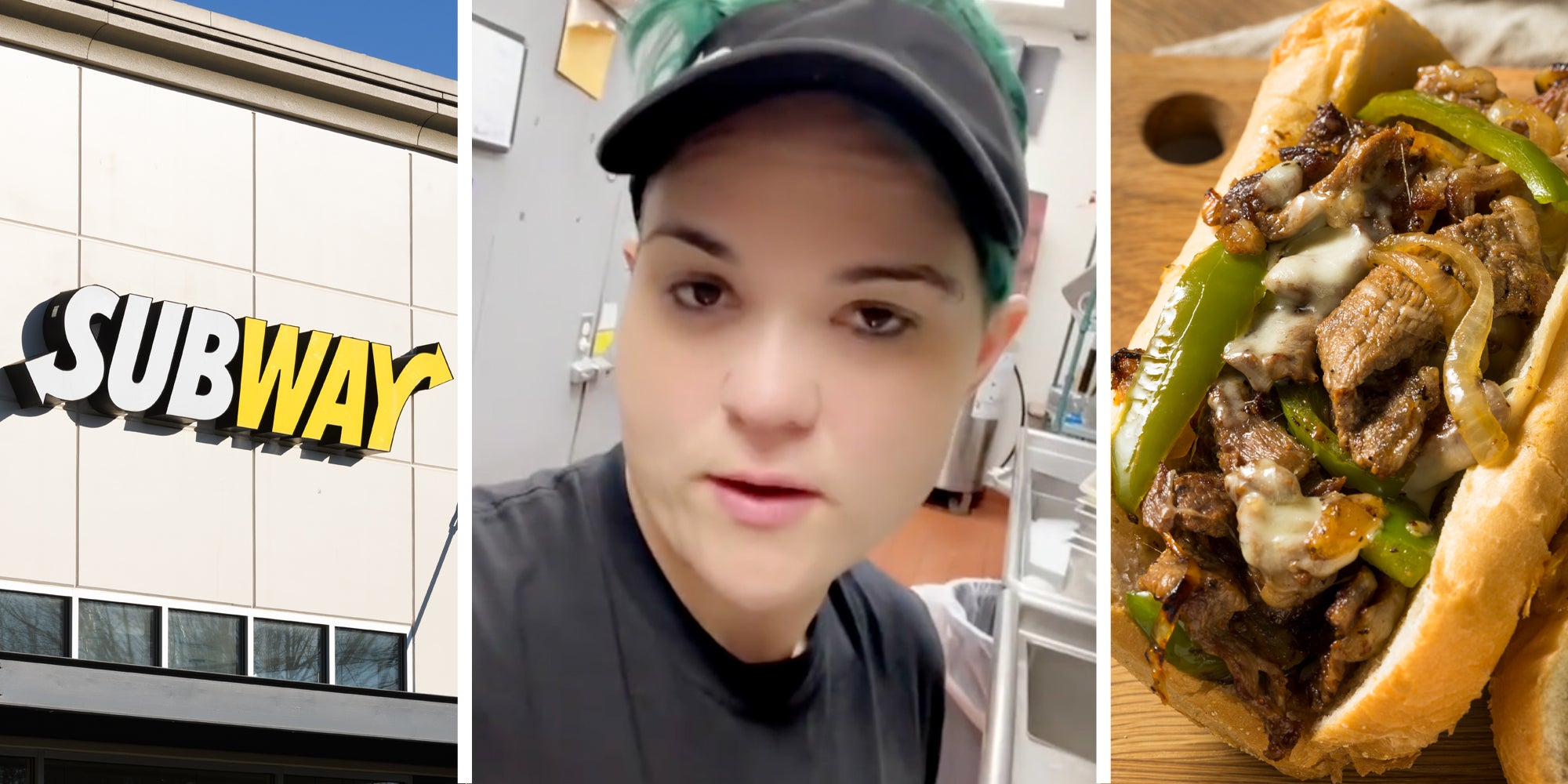 Subway(l), Person talking(c), Steak Sandwich(r)