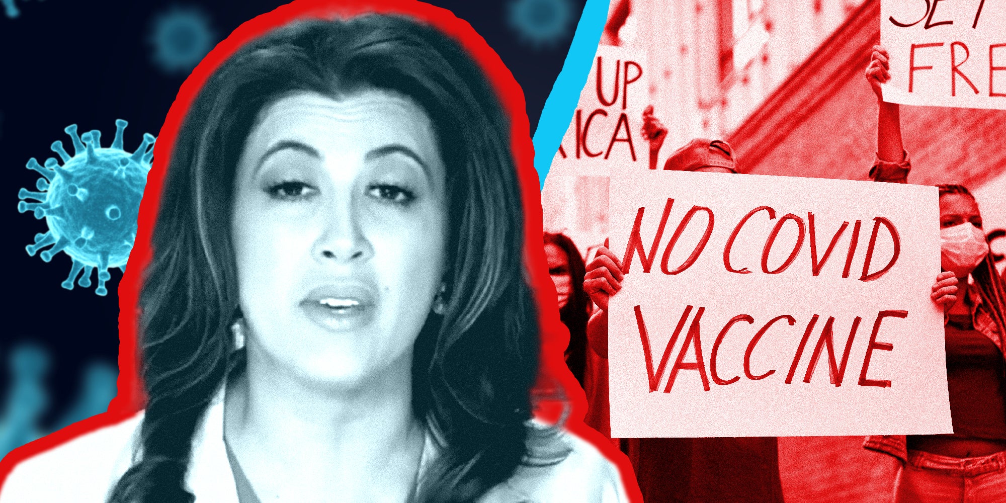In the image Dr. Janette Nesheiwat speaks to camera. Behind her we see the coronavirus and photo of anti-vaccine protesters.