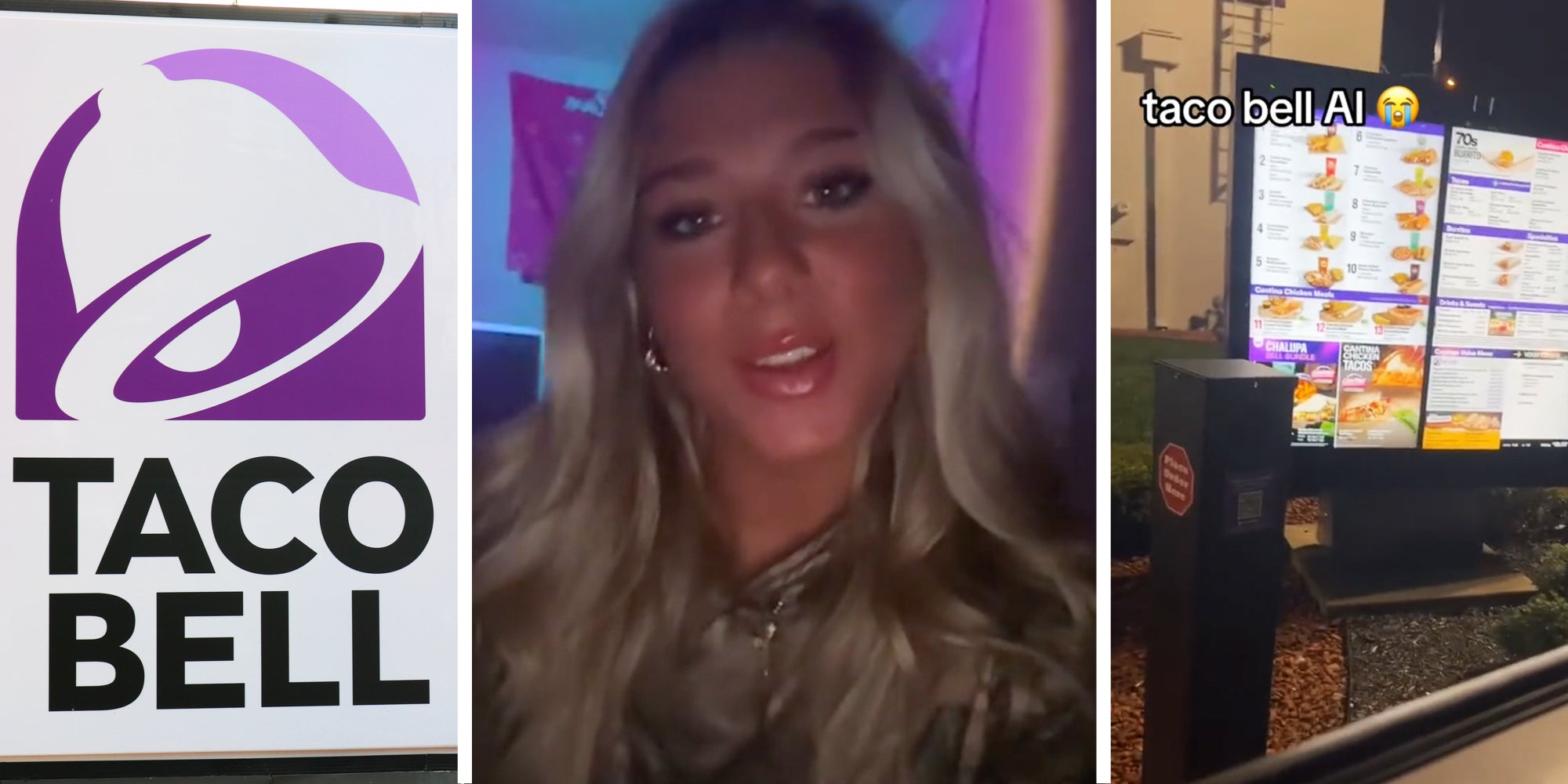 Taco Bell sign(l), Woman talking(c), Taco Bell menu with text that says 'taco bell ai'(r)