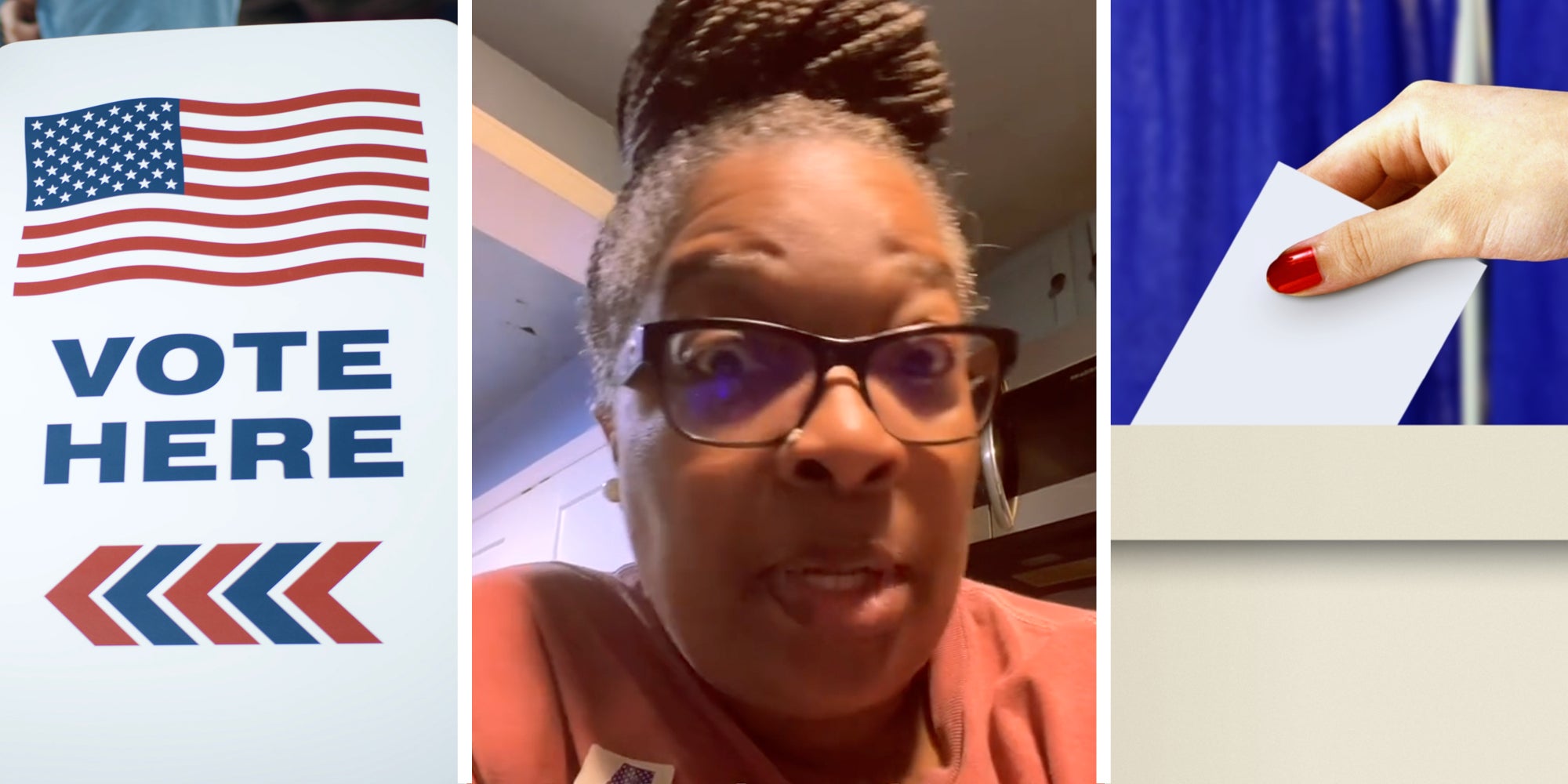 Vote here sign(l), Woman talking(c), Hand putting ballot in box(r)