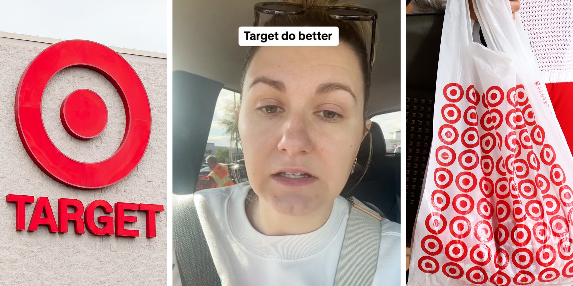 Target storefront(l), Woman talking with text that says 'target do better'(c), Target bag(r)