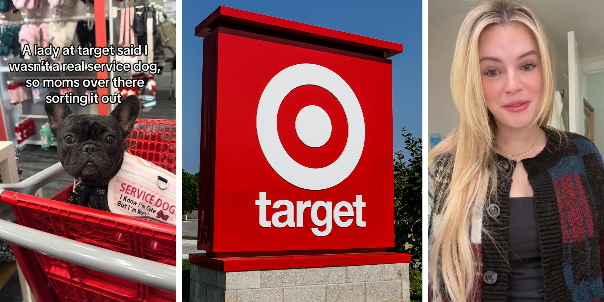 Dog inside of a Target Cart(l) Target Store Sign(c) Woman sharing her experience at Target on TikTok Social Platform(r)