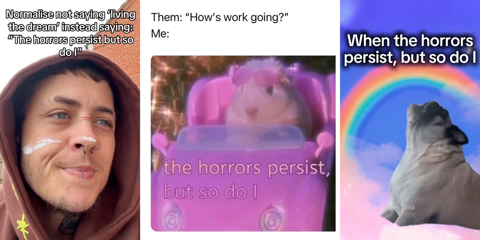 Person with paint on their face and text that says 'normalise not saying 'Living the dream' instead saying: 'the horrors persist but so do i',(l), Gerbil in car with text that says 'Them: How's work going? Me: The horrors persist but so do i'(c), Dog howling under rainbow on pink clouds with text that says 'when the horrors persist, but so do i'(r)
