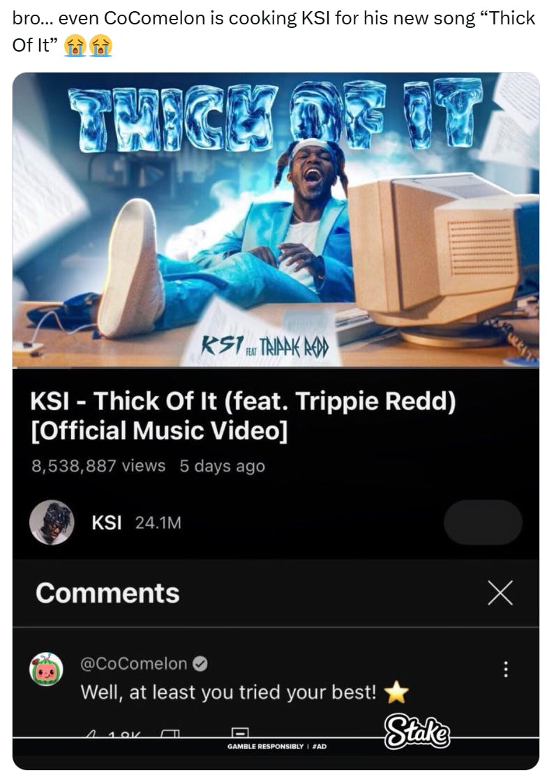 Tweet that reads, 'bro… even CoComelon is cooking KSI for his new song 'Thick Of It' (sob emojis)'