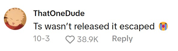 TikTok comment that reads, 'Ts wasn't released it escaped (sob emoji)'