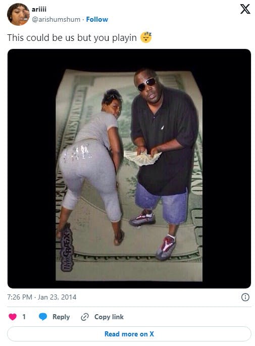 couple posing in front of money backdrop 'this could be us'