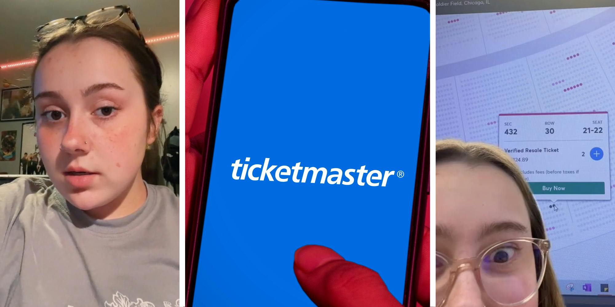 Woman talking(l), Hand holding phone with ticketmaster app(c), Woman's face cutoff with screen behind her of seating chart(R)