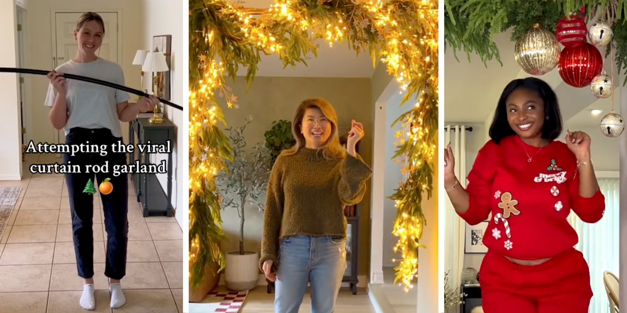Woman with curtain rod and text that says 'attempting the viral curtain rod garland'(l), Second Woman under garland(c), Third woman under garland(r)