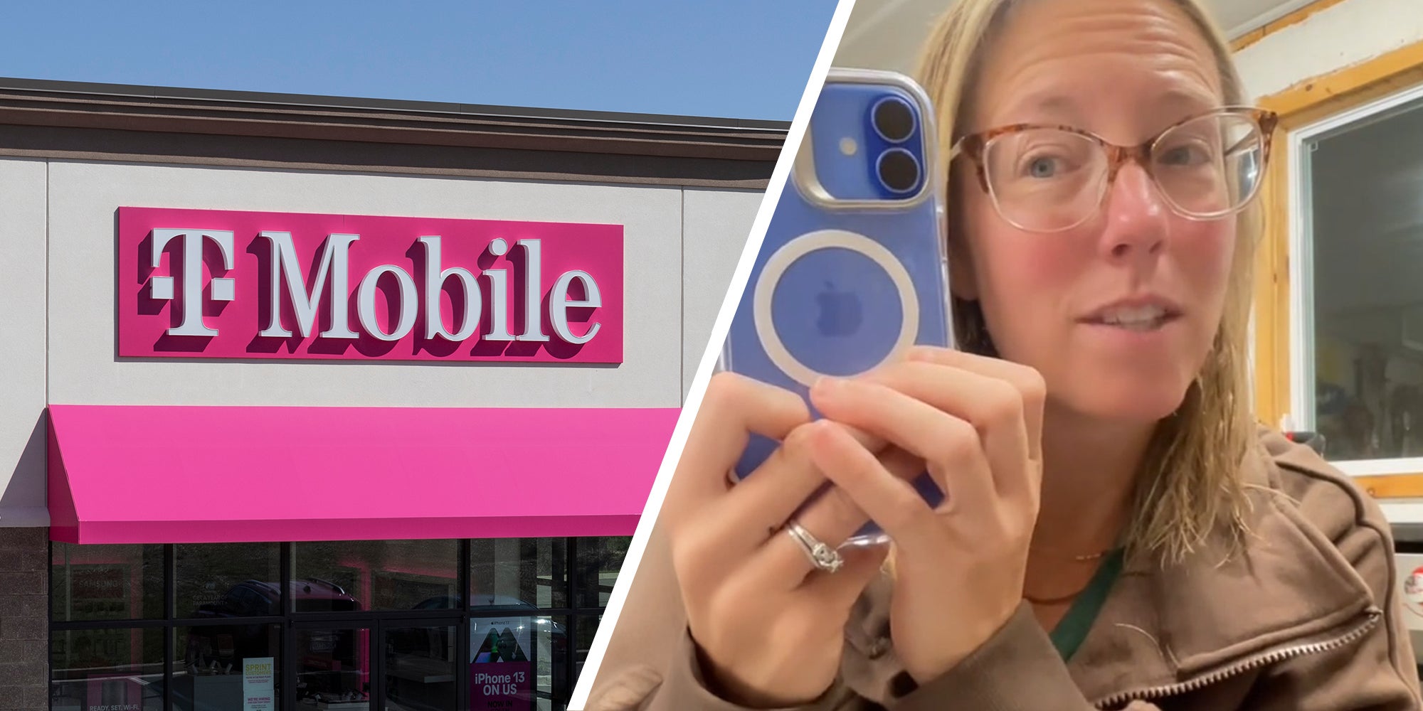 T Mobile Store(l) woman holding up iPhone 16(r)