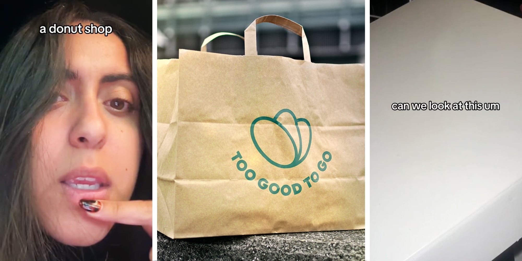 Woman talking with text that says 'a donut shop'(l), Too Good To Go bag(c), White box with text that says 'can we look at this um'(r)