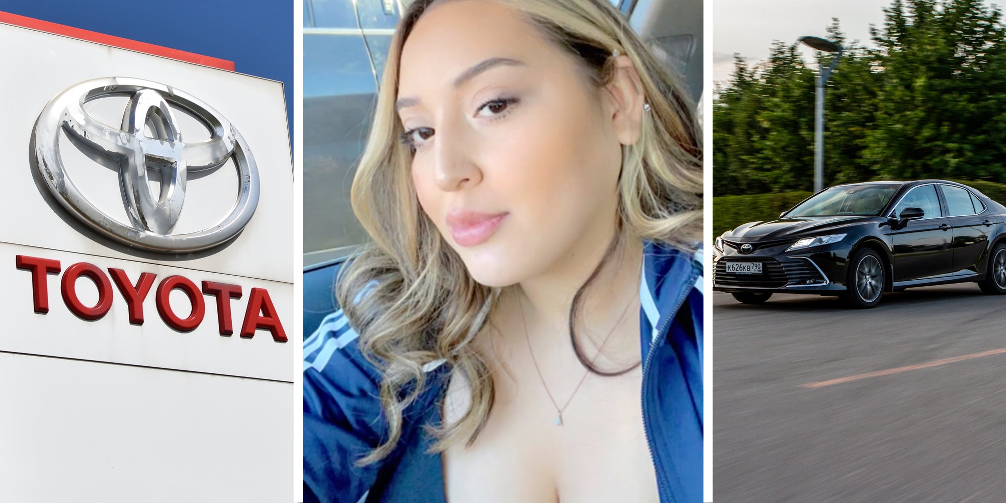 Toyota sign(l), Woman talking(c), Toyota camry on road(r)