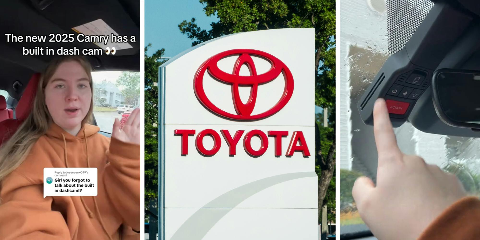 Woman sharing information about her New Toyota(l) Toyota Dealer Sign(c) Finger Pressing Red Button on Dash Cam(r)