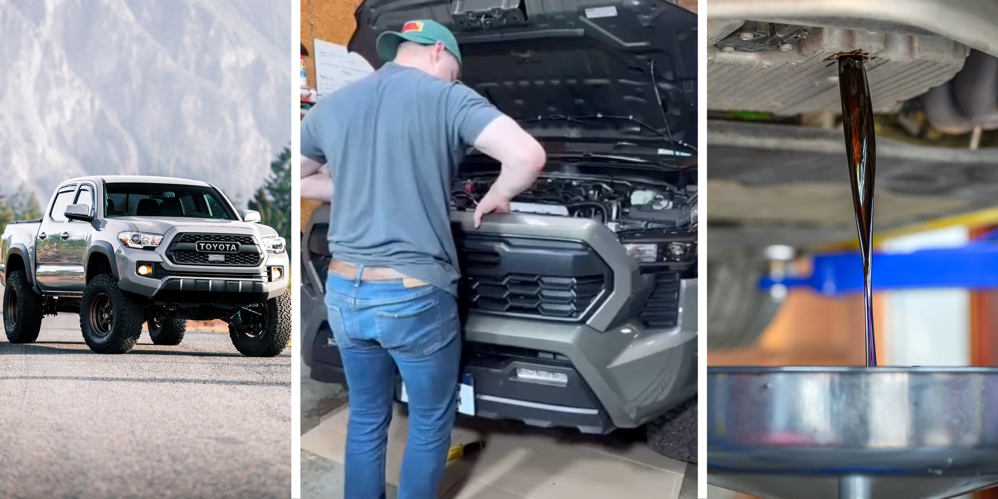 Toyota Tacoma on road(l), Man in front of truck(c), Oil pouring out of car(r)