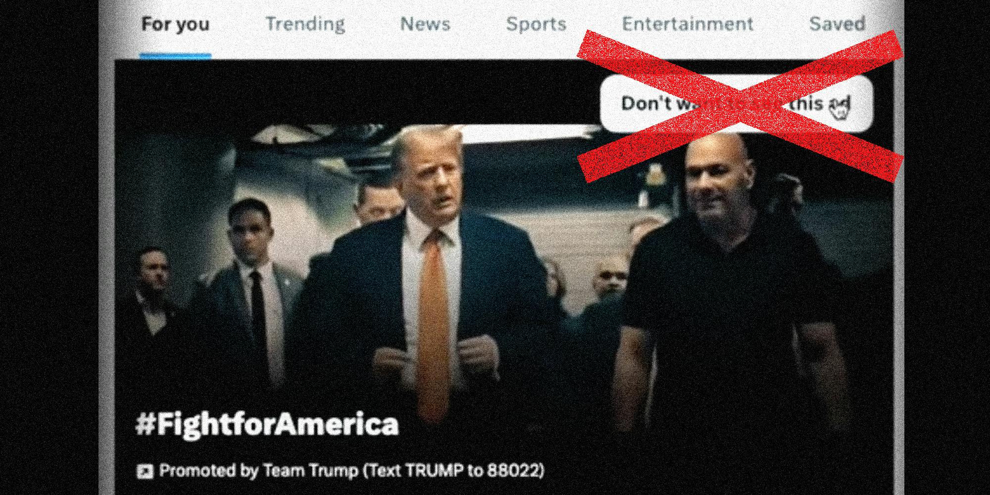 Screen shot of the youtube add for Donald Trump with a red "X" over the button that says "Don't want to see this ad".