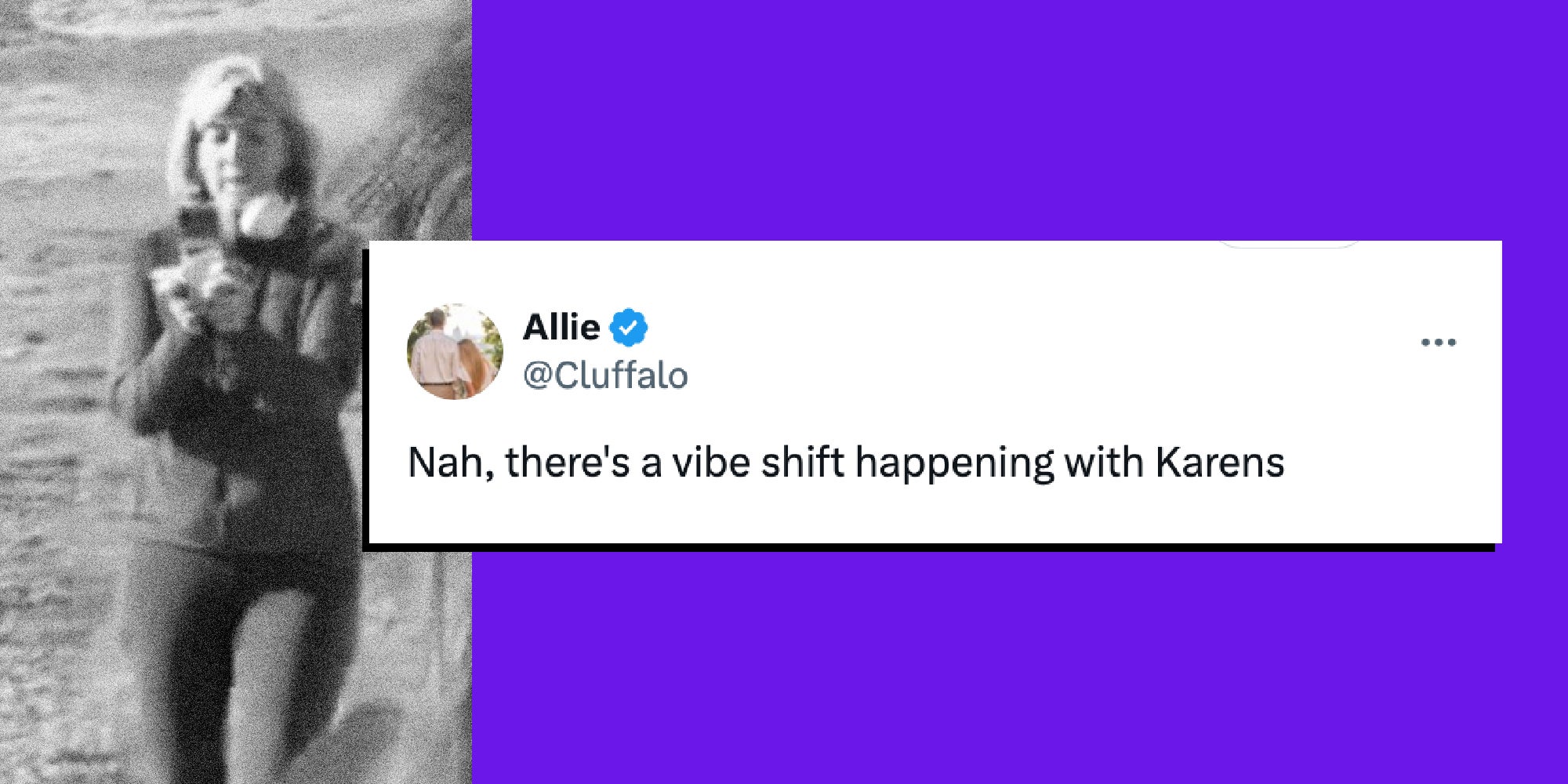A grainy still from a video of person taking a photo with their cell phone. A post from X is overlaid that says, "Nah, there's a vibe shift happening with Karens"
