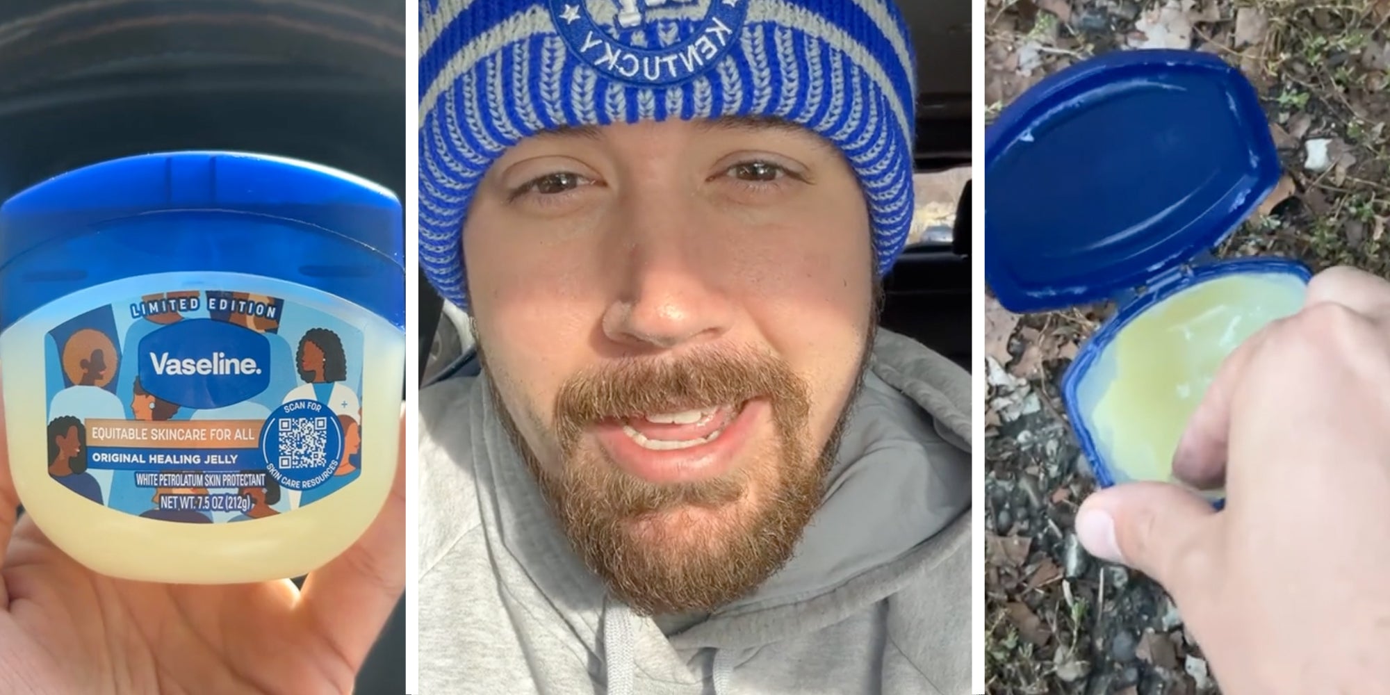 Vaseline tub(l), Man talking(c), Hand dipping into open tub(r)