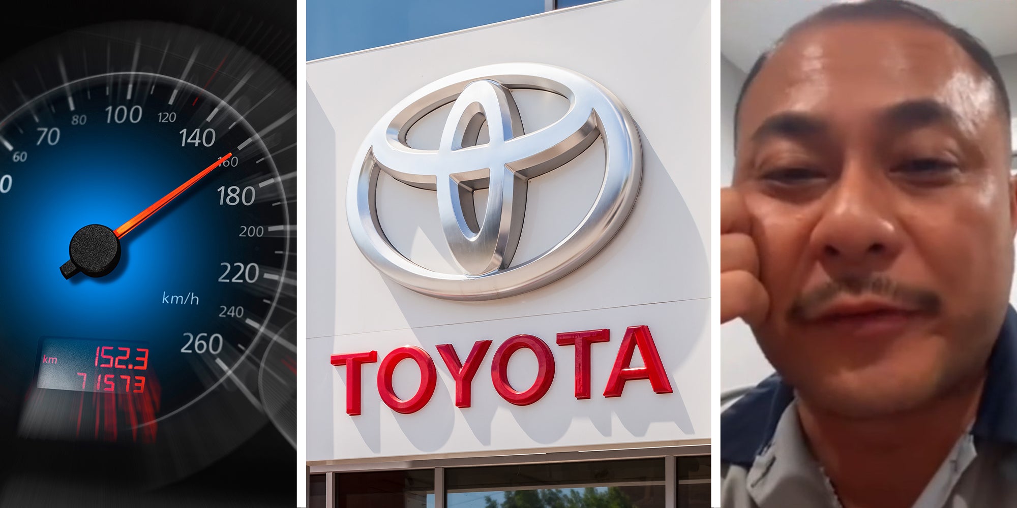 The speedometer of a modern car shows a high driving speed(l) Toyota Dealer Sign(c) Mechanic sharing information of vehicle maintenance(r)