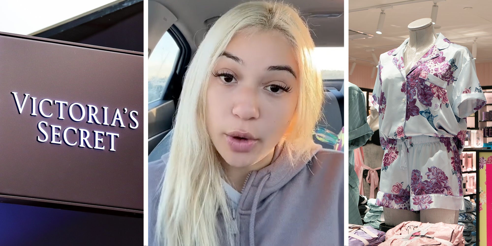 Victoria's Secret sign(l), Woman talking(c), Victoria's secret pajama set