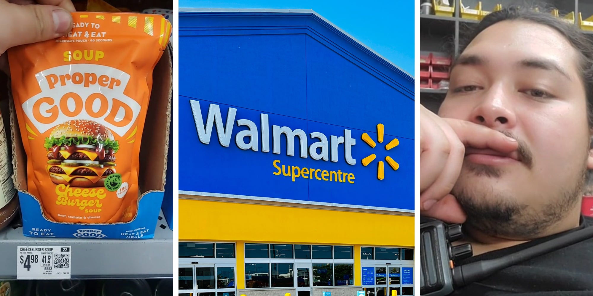 Proper Good(l) Walmart Store Front(c) Man sharing what he found at walmart(r)