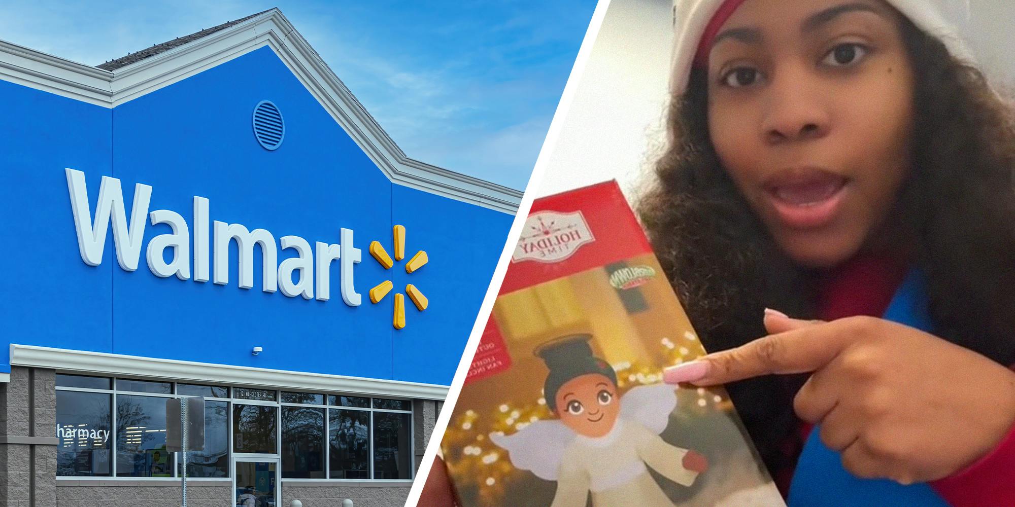 Walmart Store Front(l) Woman pointing at Hall Mark Angel(r)