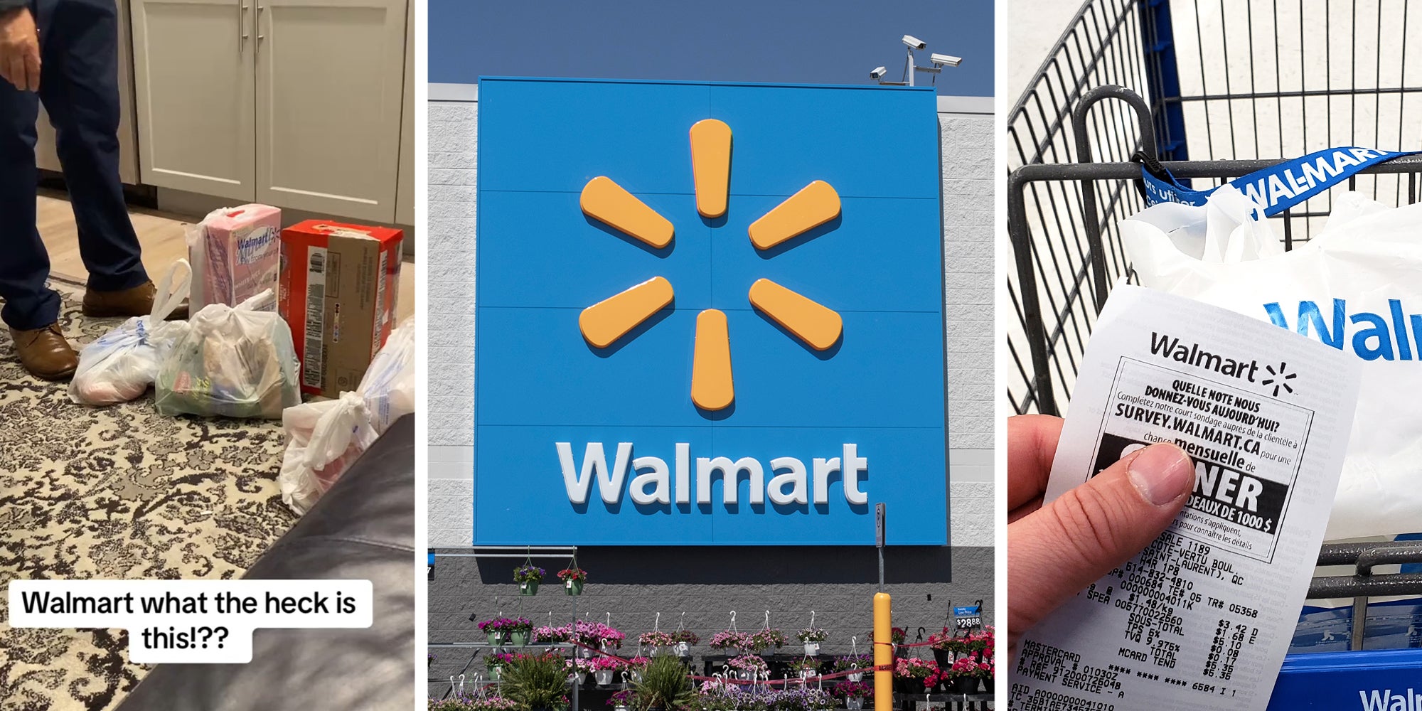 Walmart Bags(l) Walmart Store Sign(c) Walmart Receipt(r)