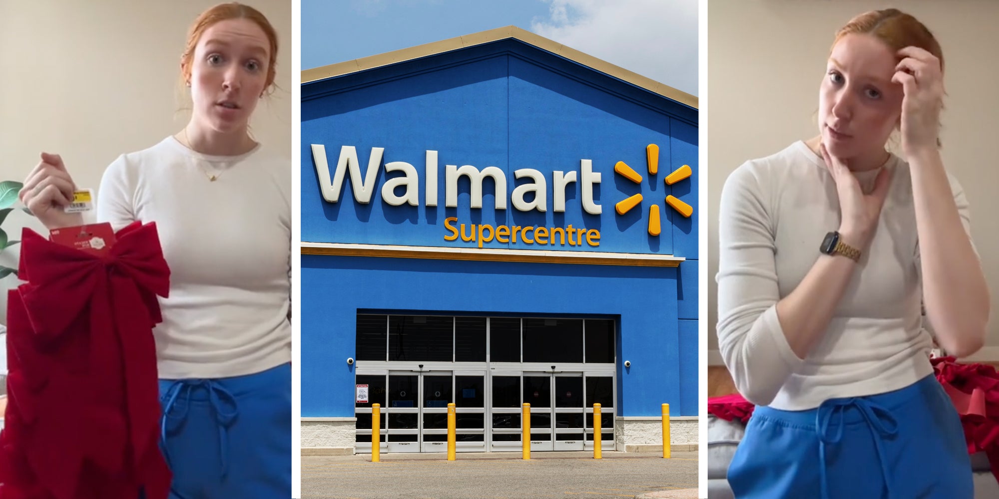 Woman holding bows(L), Walmart storefront(c), Woman looking confused(r)