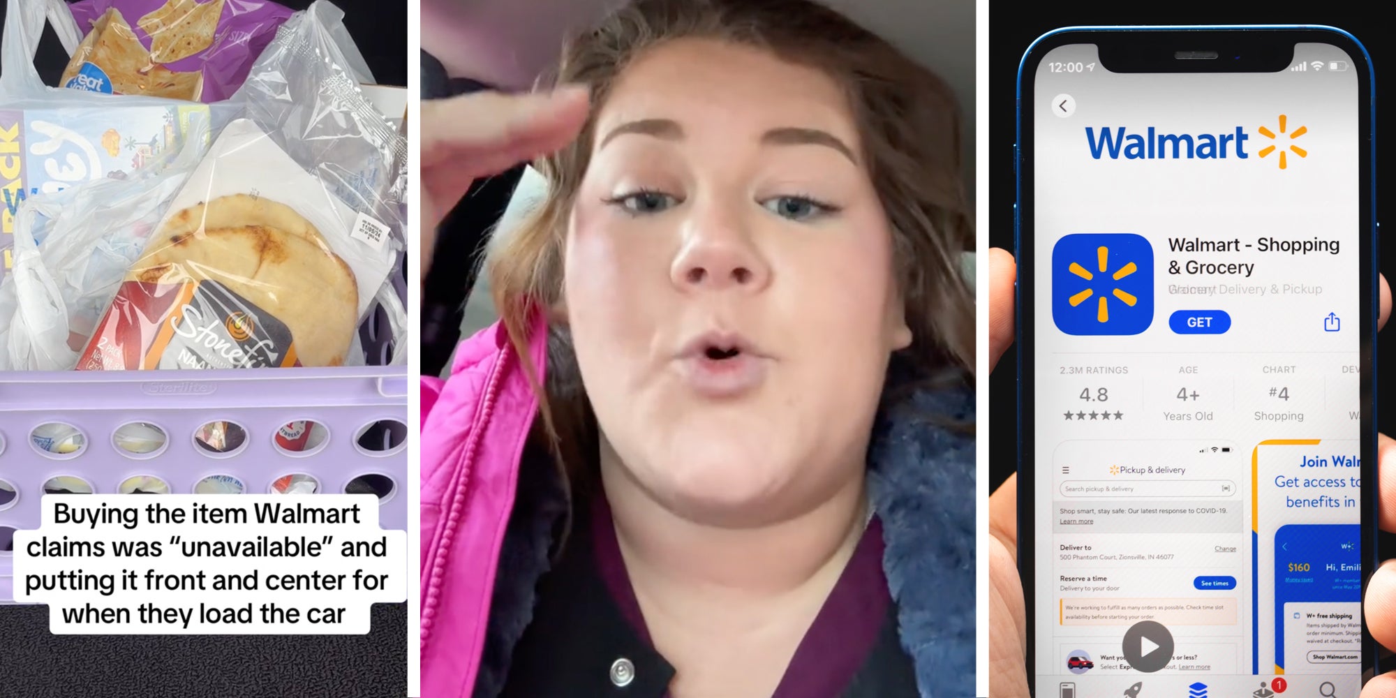 Basket of food with text that says 'Buying the item Walmart claims was 'unavailable' and putting it front and center for when they load the car.'(l), Woman talking(c), Walmart App on phone(r)