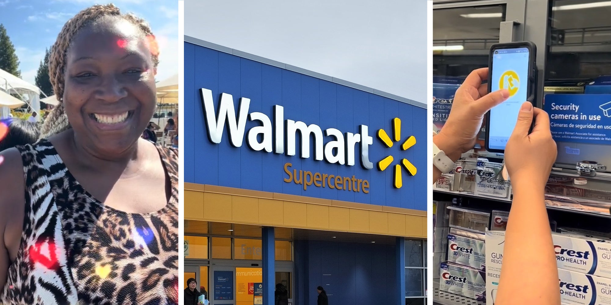 Woman smiling(l) Walmart Super Centre Building(c) New Phone app being held up to open locked shelves at Walmart(r)