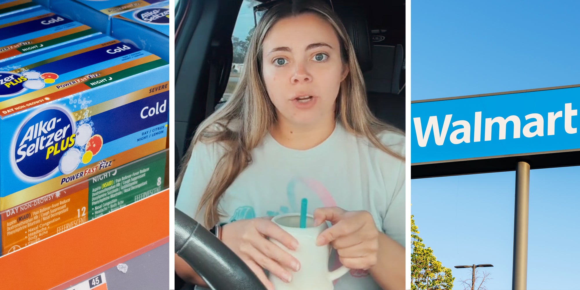 Alka-Seltzer Plus medicine on shelf(l), Woman talking while holding mug(c), Walmart sign in parking lot(r)
