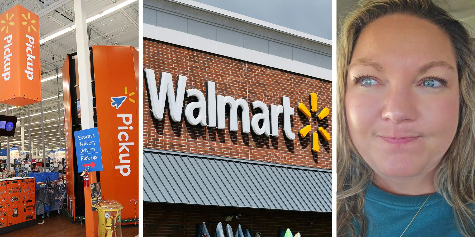 Walmart Pickup Section(l) Walmart Store Front(c) Woman looking suspicious (r)