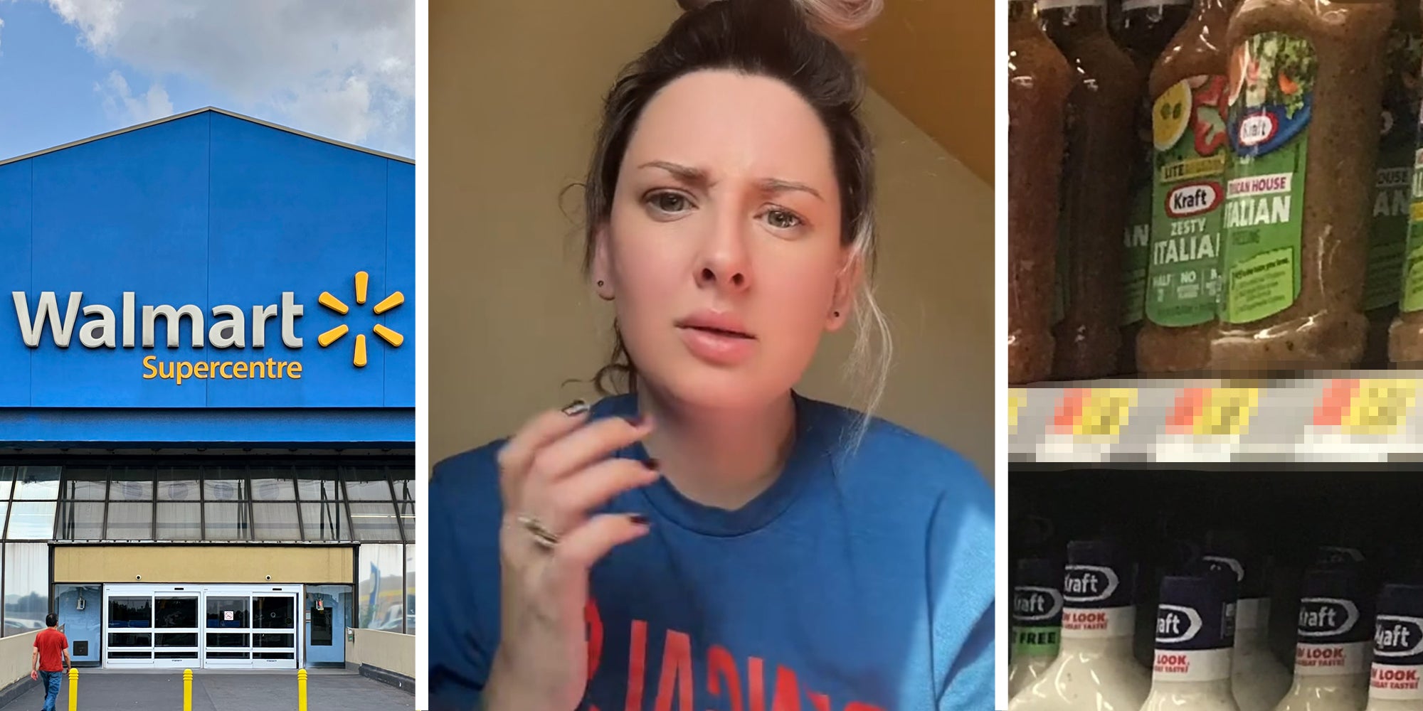 Walmart Store Front(l) Woman sharing her Walmart Experience(c) Kraft Shelf Prices(r)