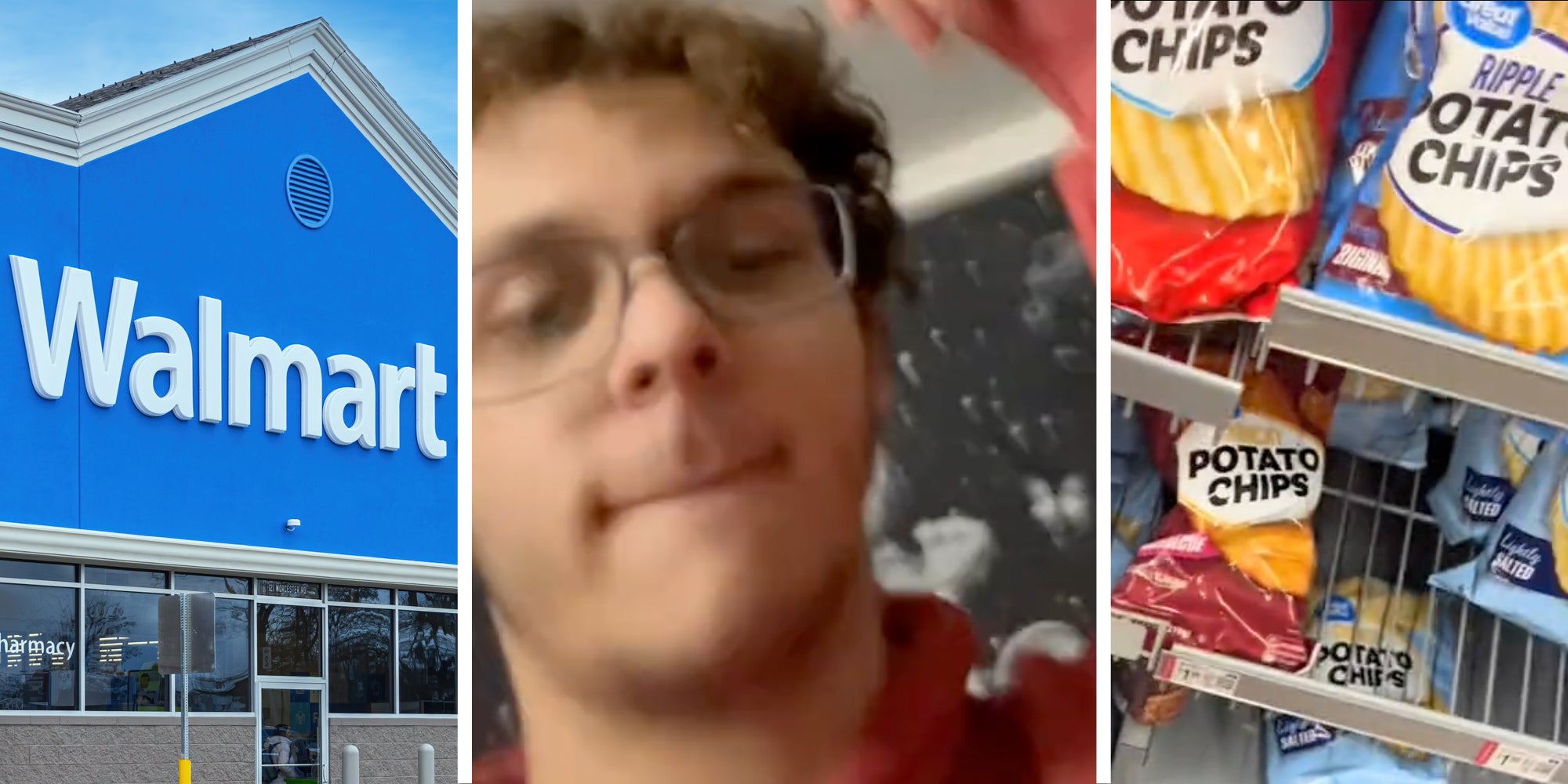 Walmart storefront(l), Man talking(c), Chips on shelves(r)