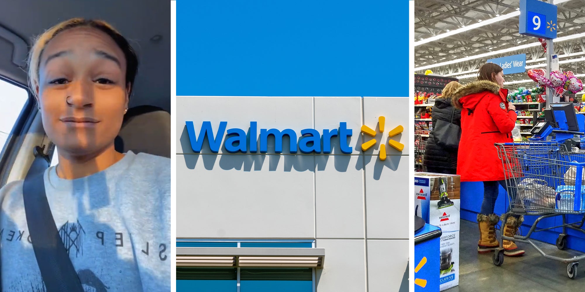 Walmart Shopper(l) Walmart Store Front(c) Walmart Customers in line at checkout(r)