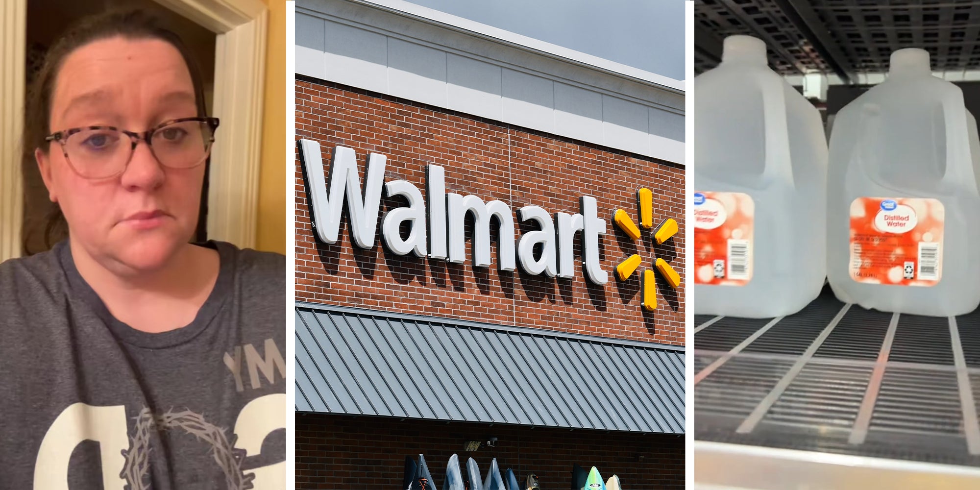 Woman sharing her Walmart Experience(l) Walmart Store Front Sign(c) Walmart Gallon Water(r)