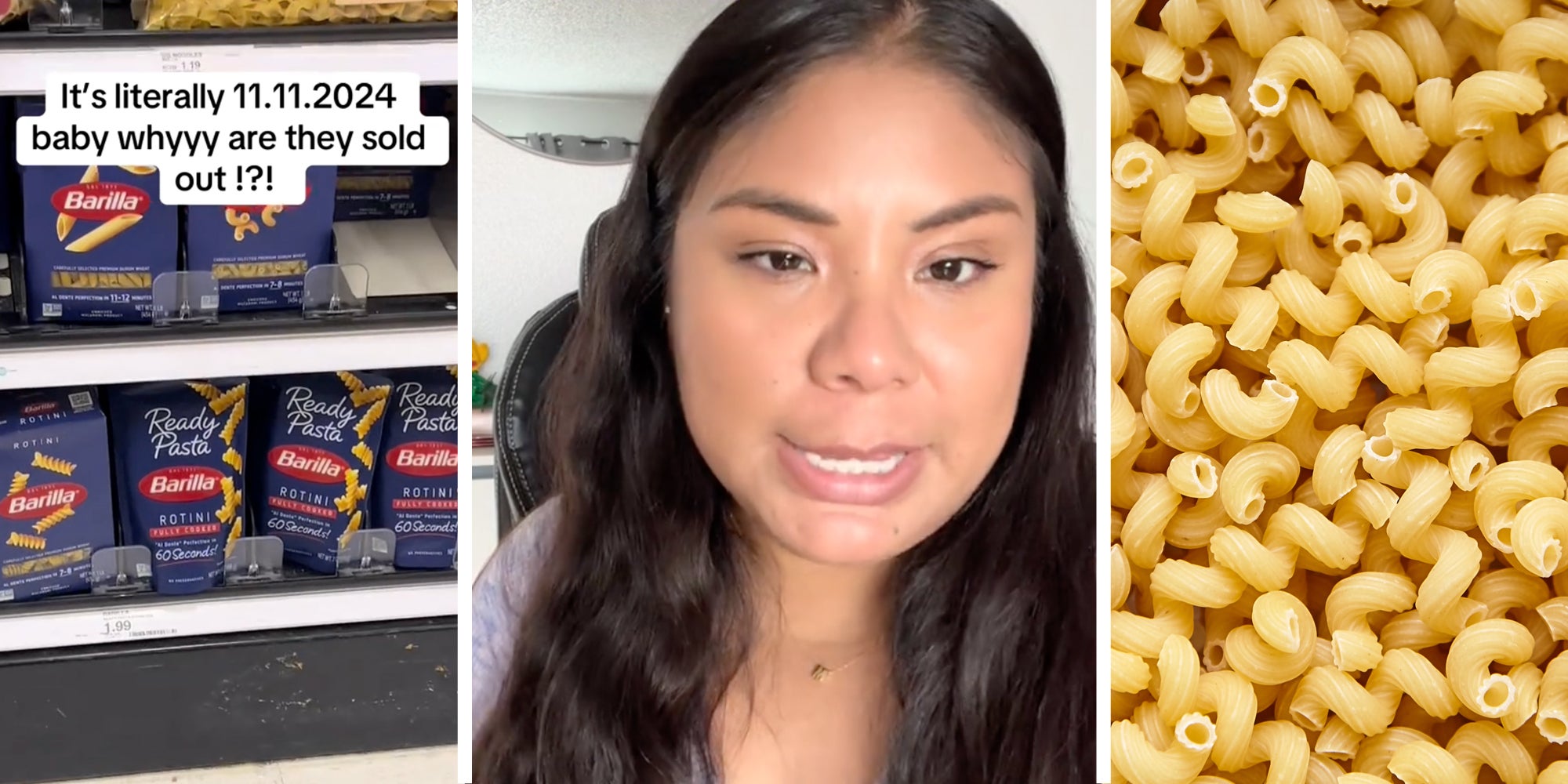 Boxes of pasta on shelf with text 'it's literally 11.11.2024 baby whyyyy are they sold out !?!?'(l), Woman talking(c), Cavatappi pasta(r)