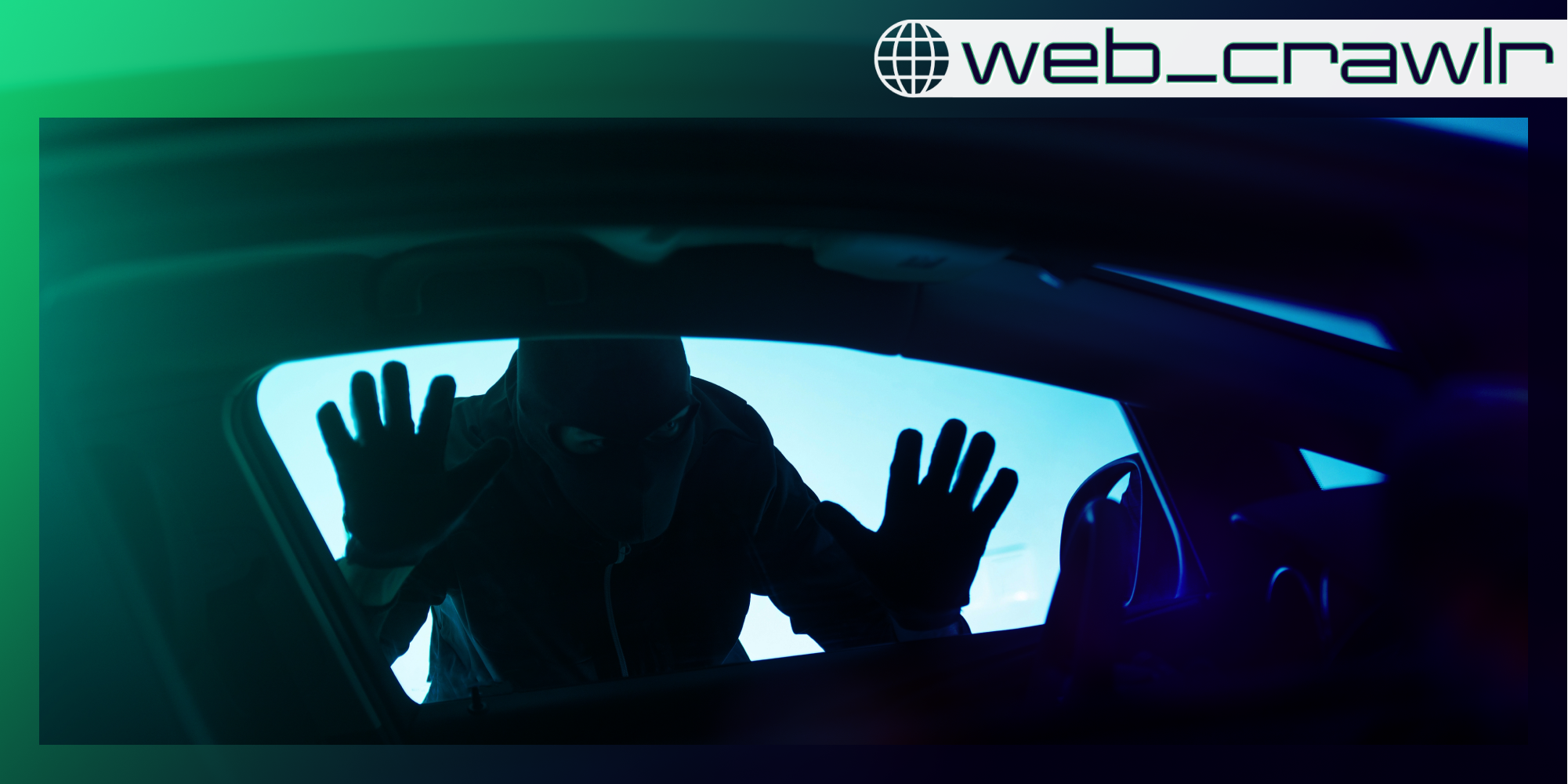 A carjacker looking into a car window. The Daily Dot newsletter web_crawlr logo is in the top right corner.