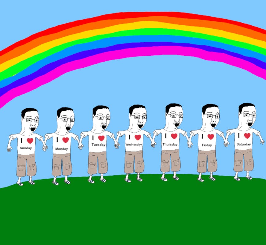 Weekjaks meme with seven of them in shirts for every day of the week all holding hands under a rainbow.